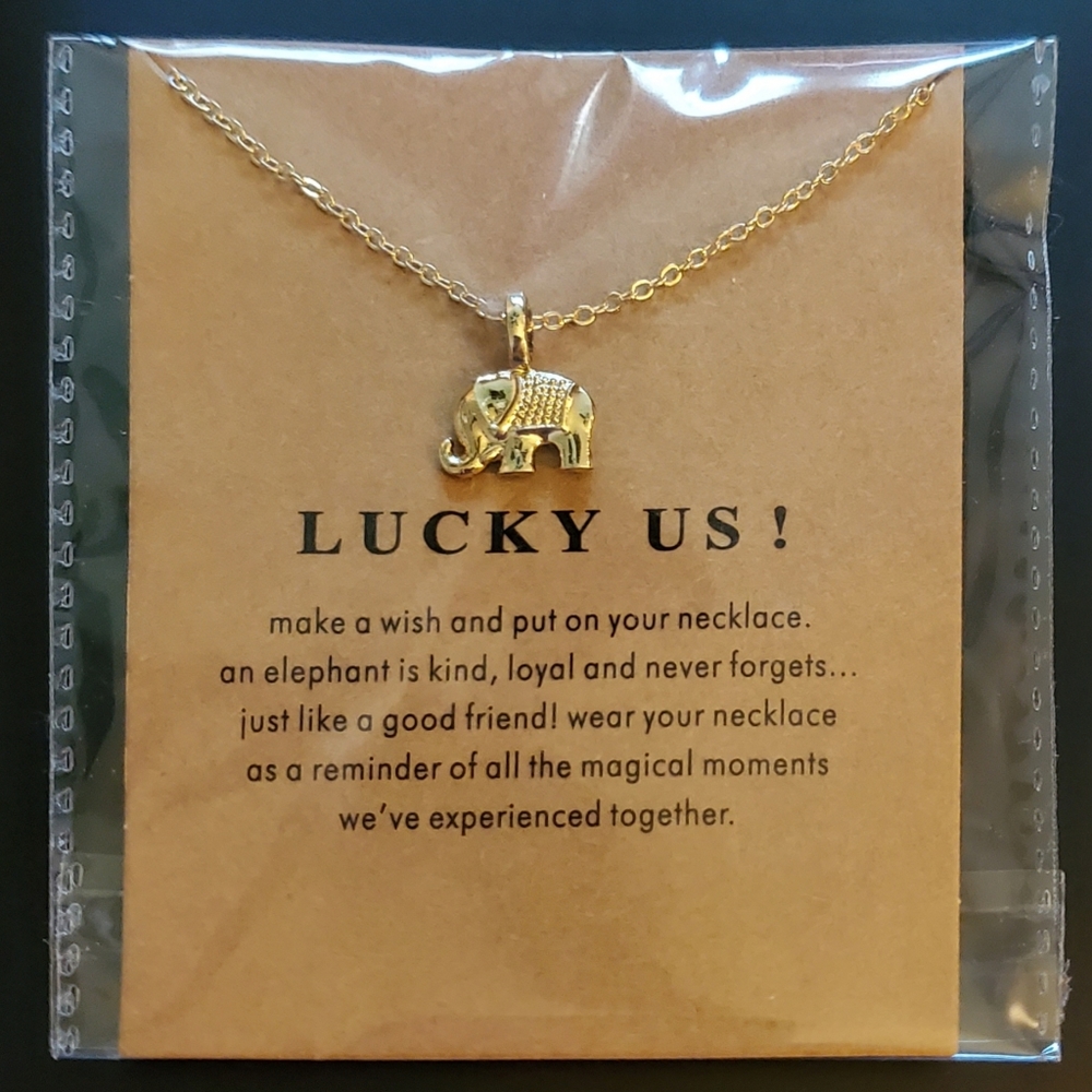 Gold Elephant Necklace with Lucky Us quote Card